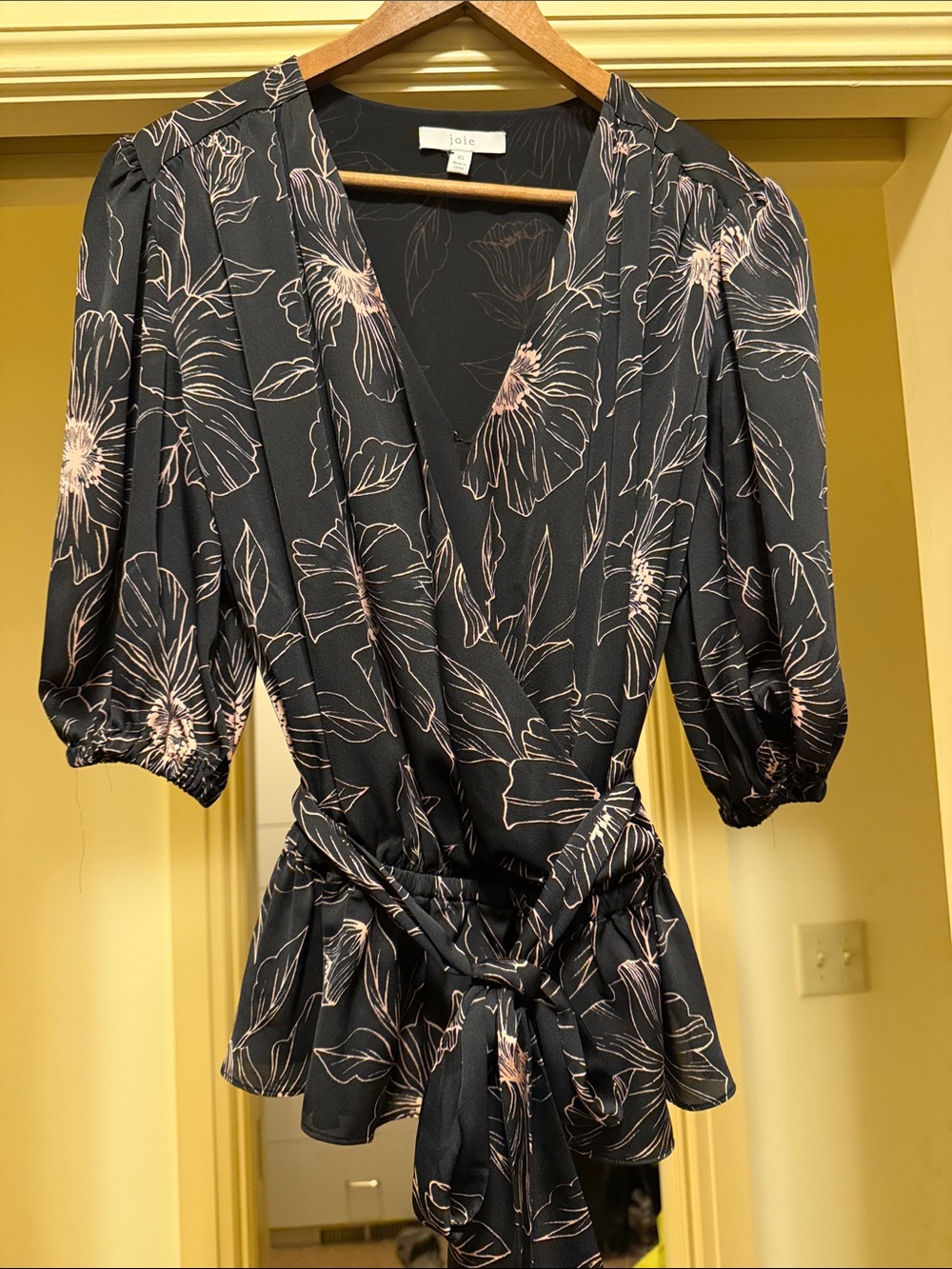 Joie Black Floral Wrap Top with Puff Sleeves
